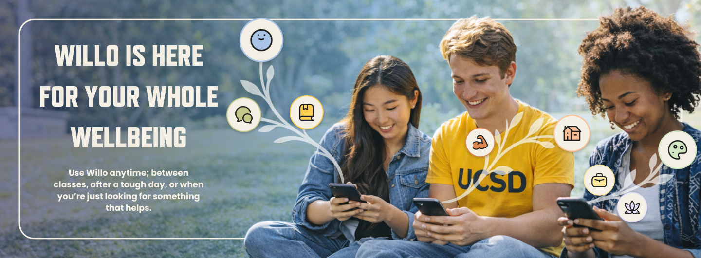 Image of three UCSD students looking at their phones and connecting to Willo wellness categories.