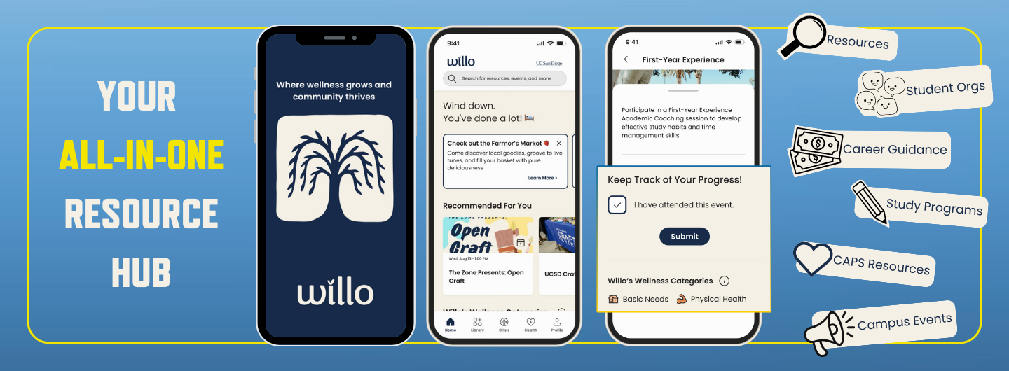 Three images of willo; the first is the opening screen, the second is the home page, and the third shows a screen where it marks a collection as completed.