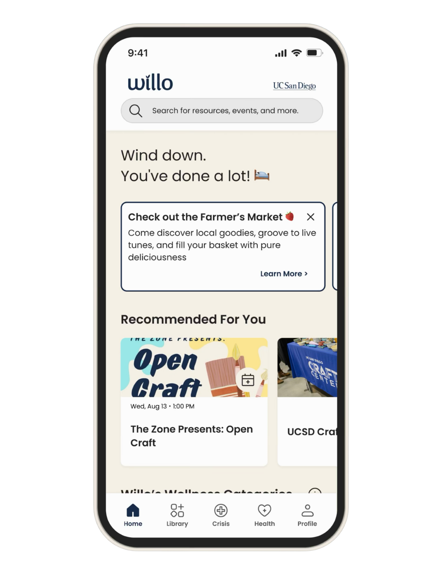 Image of Willo's homepage in-app.