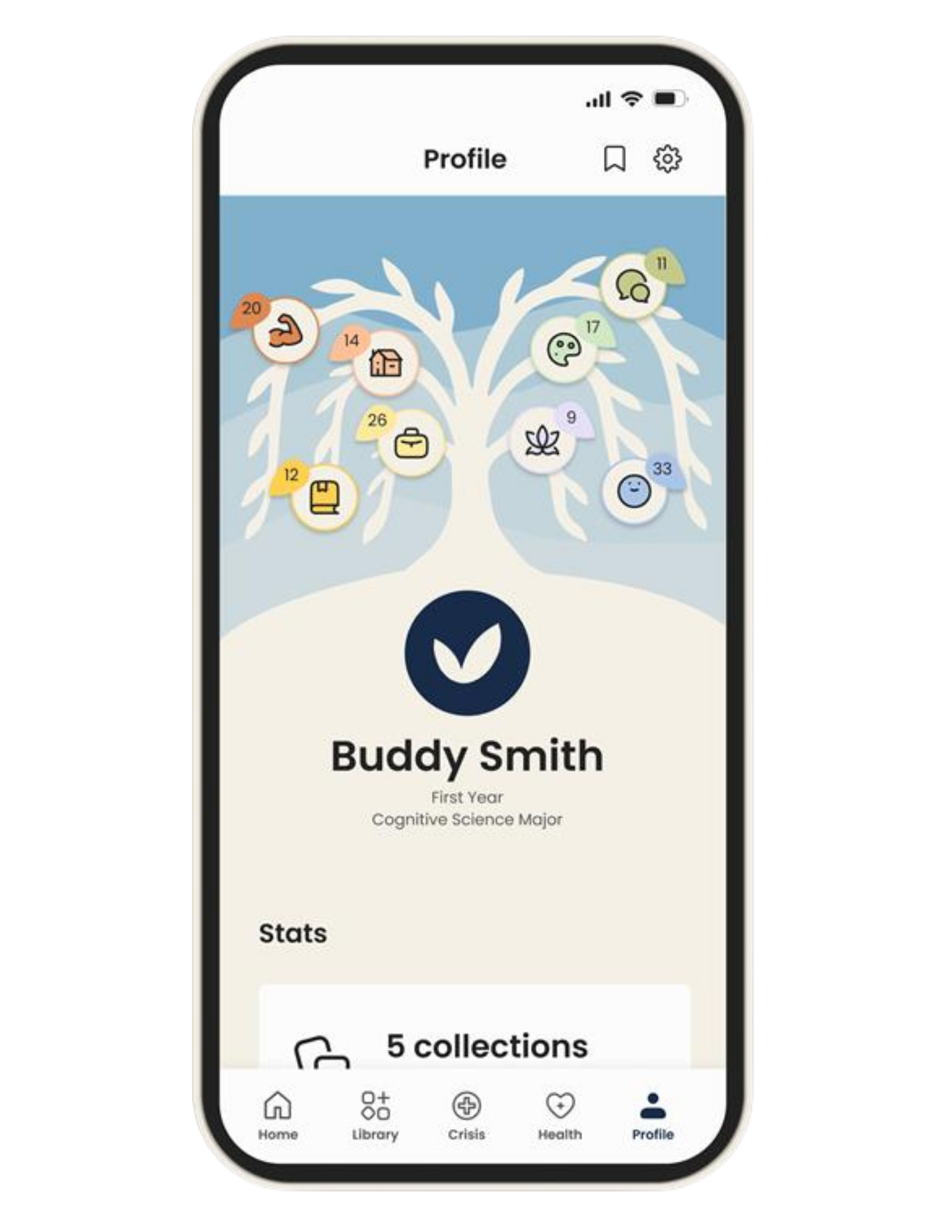 Willo profile screen showing a student wellness dashboard with a tree of progress icons, user details, and navigation tabs for home, library, crisis, health, and profile.